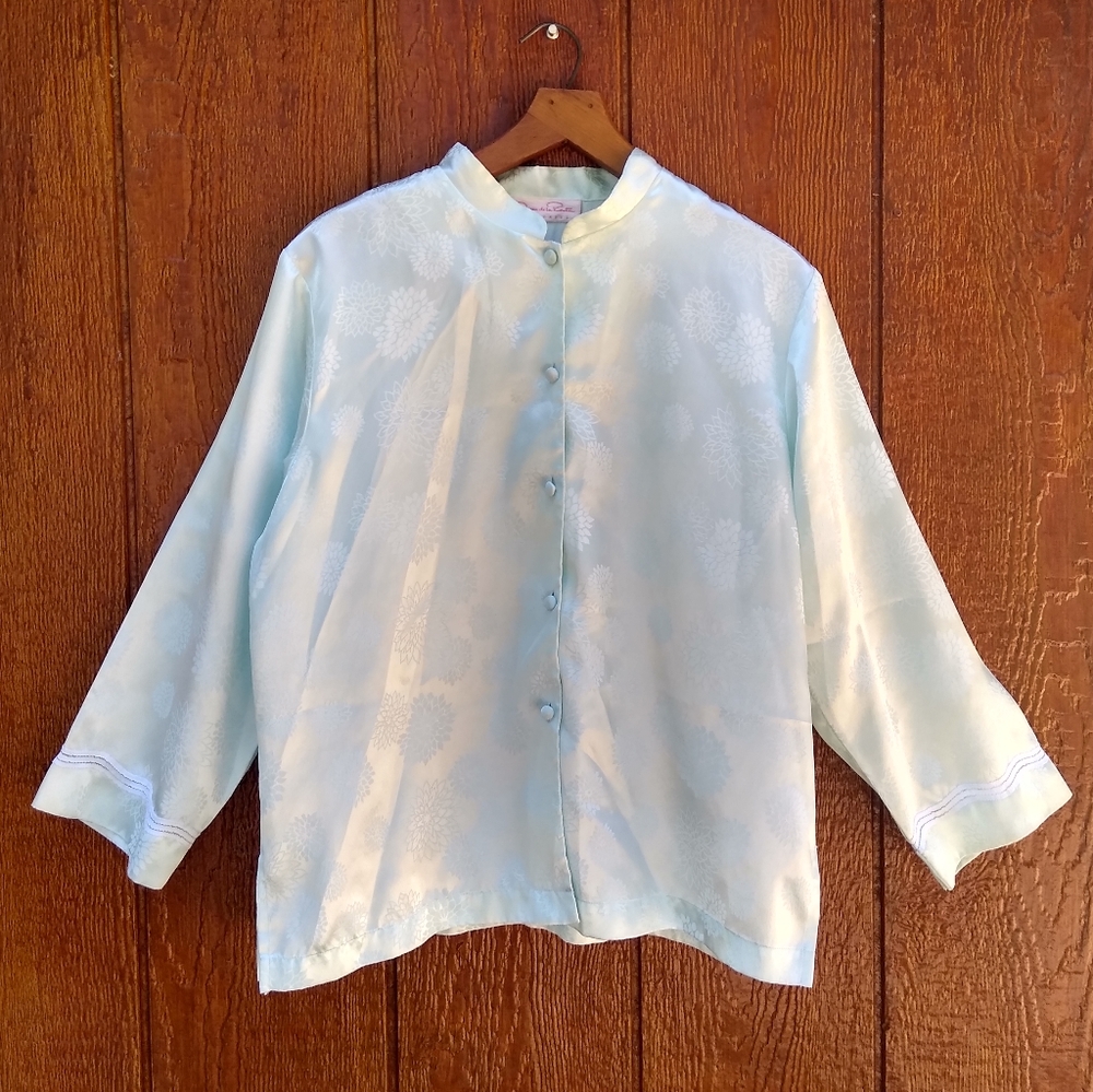 Oscar De La Renta Light Blue Silk Satin Floral Print Soft Button Kimono Blouse